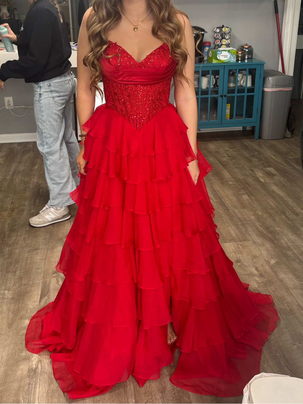 ellie wilde Strapless Red Tiered Ruffle Gown with Lace-Up Back